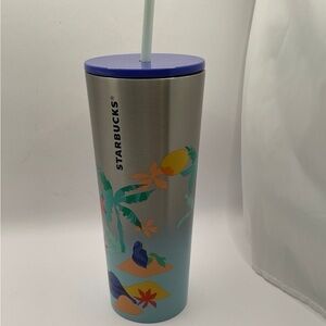 Starbucks Silver and Blue Tumbler with Tropical Design